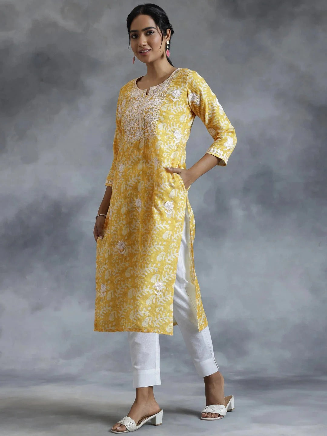 Yellow Cotton Printed Kurta with White Embroidery – Women’s Ethnic Wear