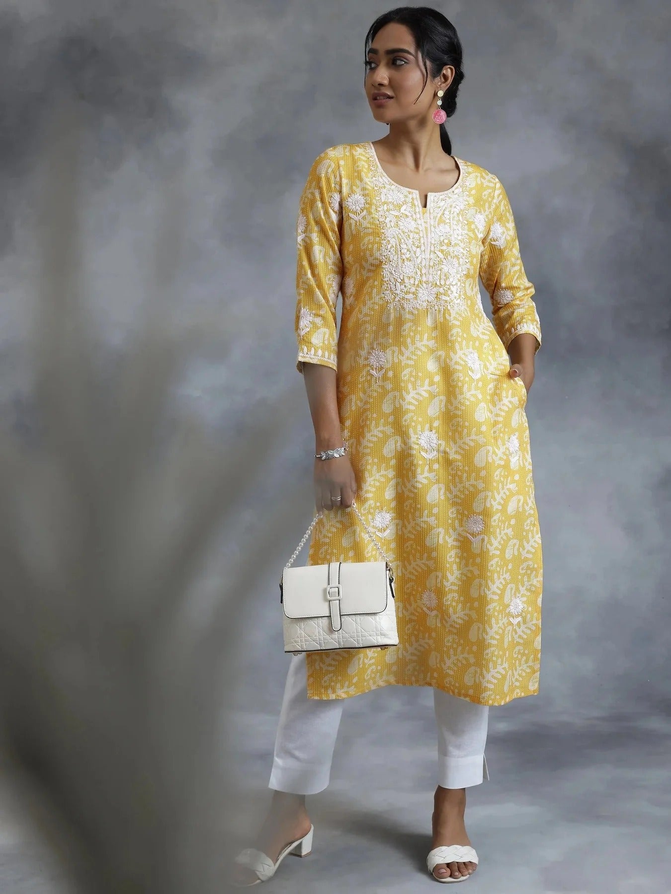 Yellow Cotton Printed Kurta with White Embroidery – Women’s Ethnic Wear