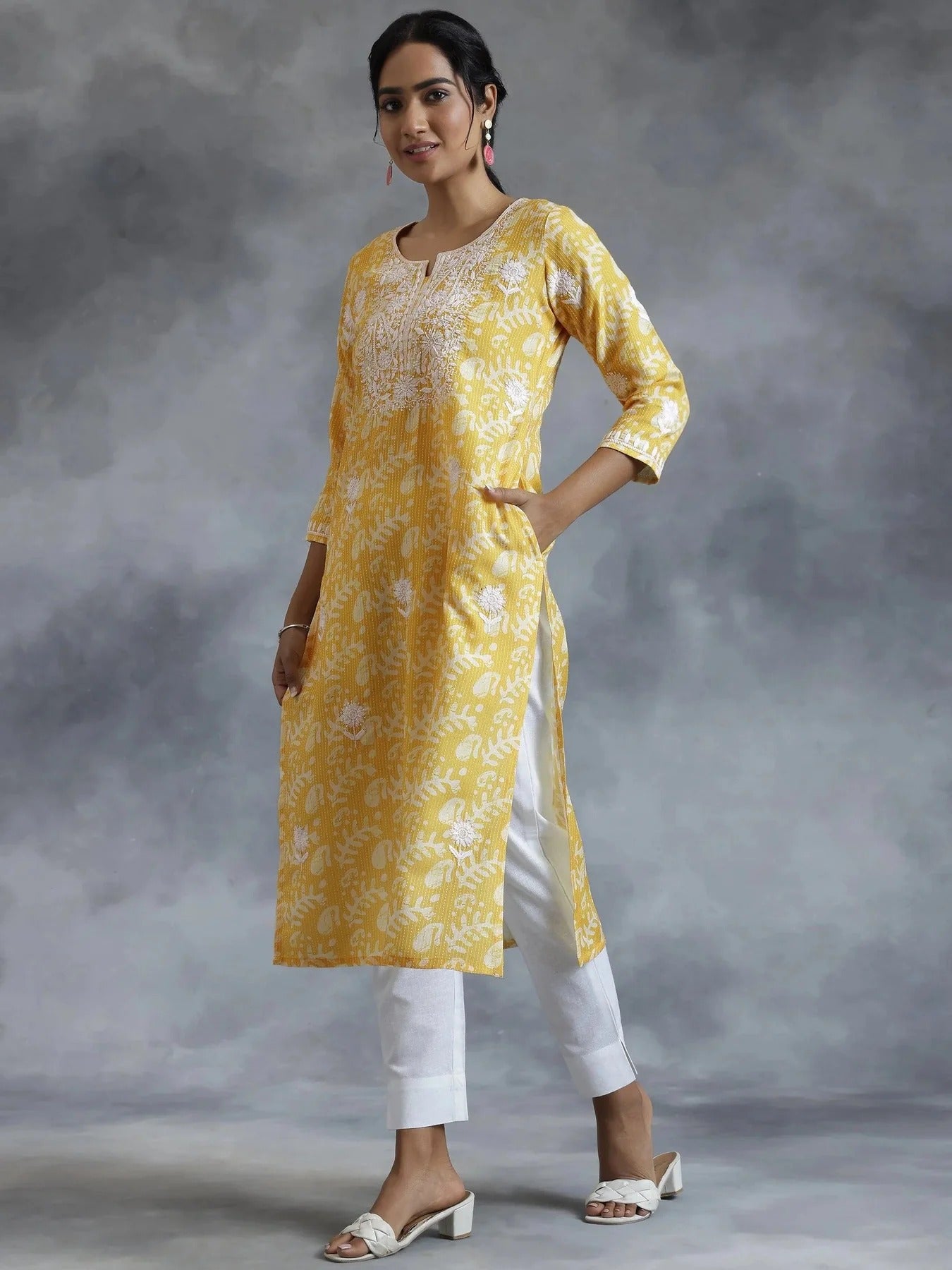 Yellow Cotton Printed Kurta with White Embroidery – Women’s Ethnic Wear