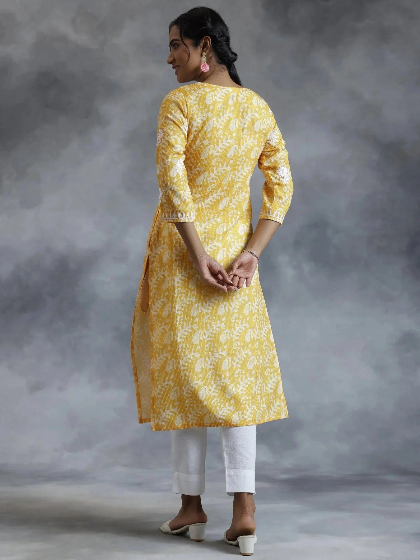 Yellow Cotton Printed Kurta with White Embroidery – Women’s Ethnic Wear