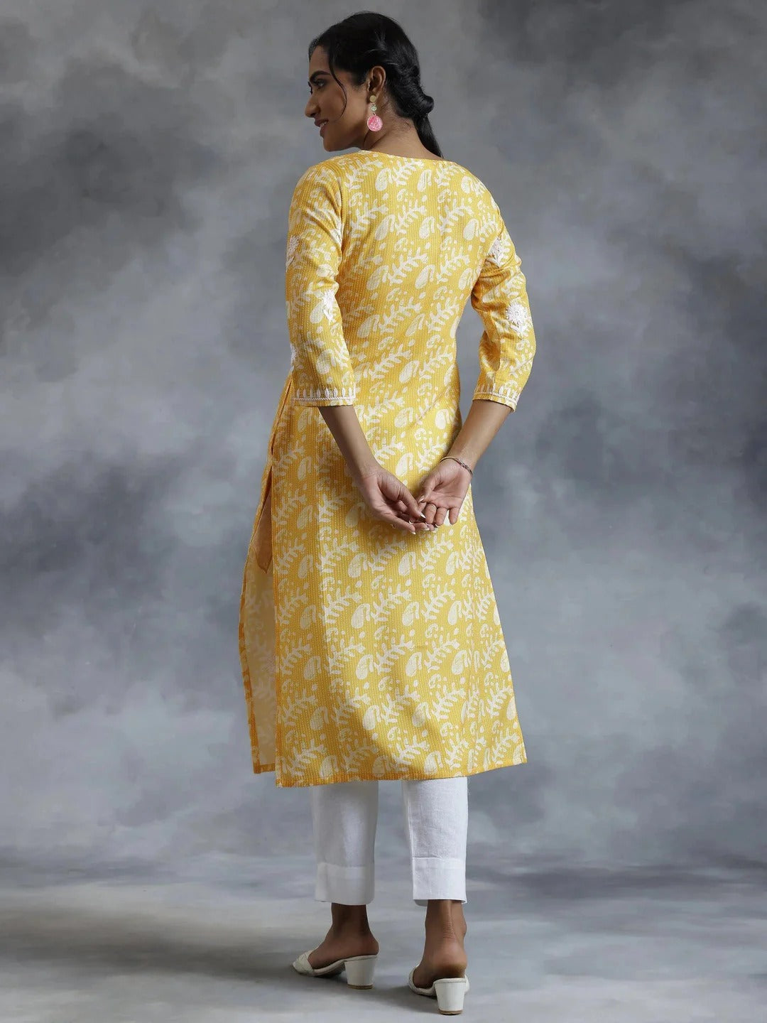 Yellow Cotton Printed Kurta with White Embroidery – Women’s Ethnic Wear