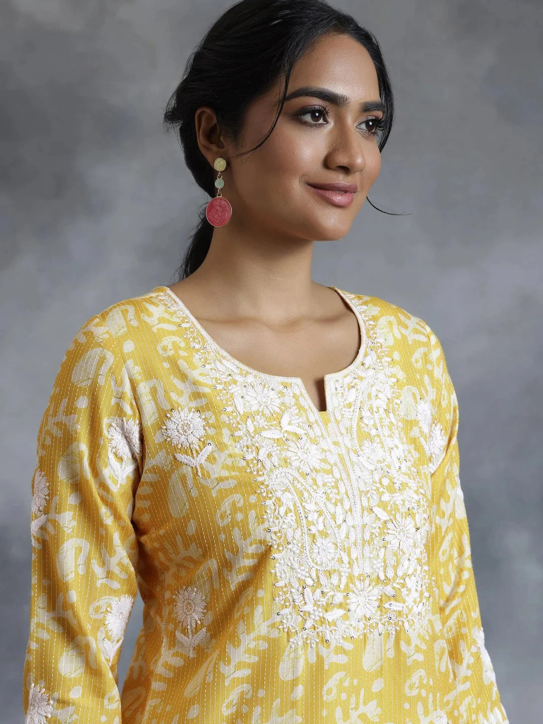 Yellow Cotton Printed Kurta with White Embroidery – Women’s Ethnic Wear