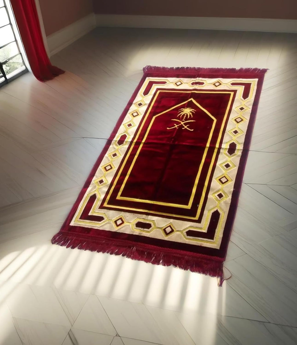 Weavers Villa Prayer Mat/Aasan/Meditation Mat - Velvet Mat for Pooja, Meditation, Namaz - Maroon 70cm X 110cm - Perfect Aasan for Puja/Prayer - Floor Mat for Sitting, Multipurpose Rug