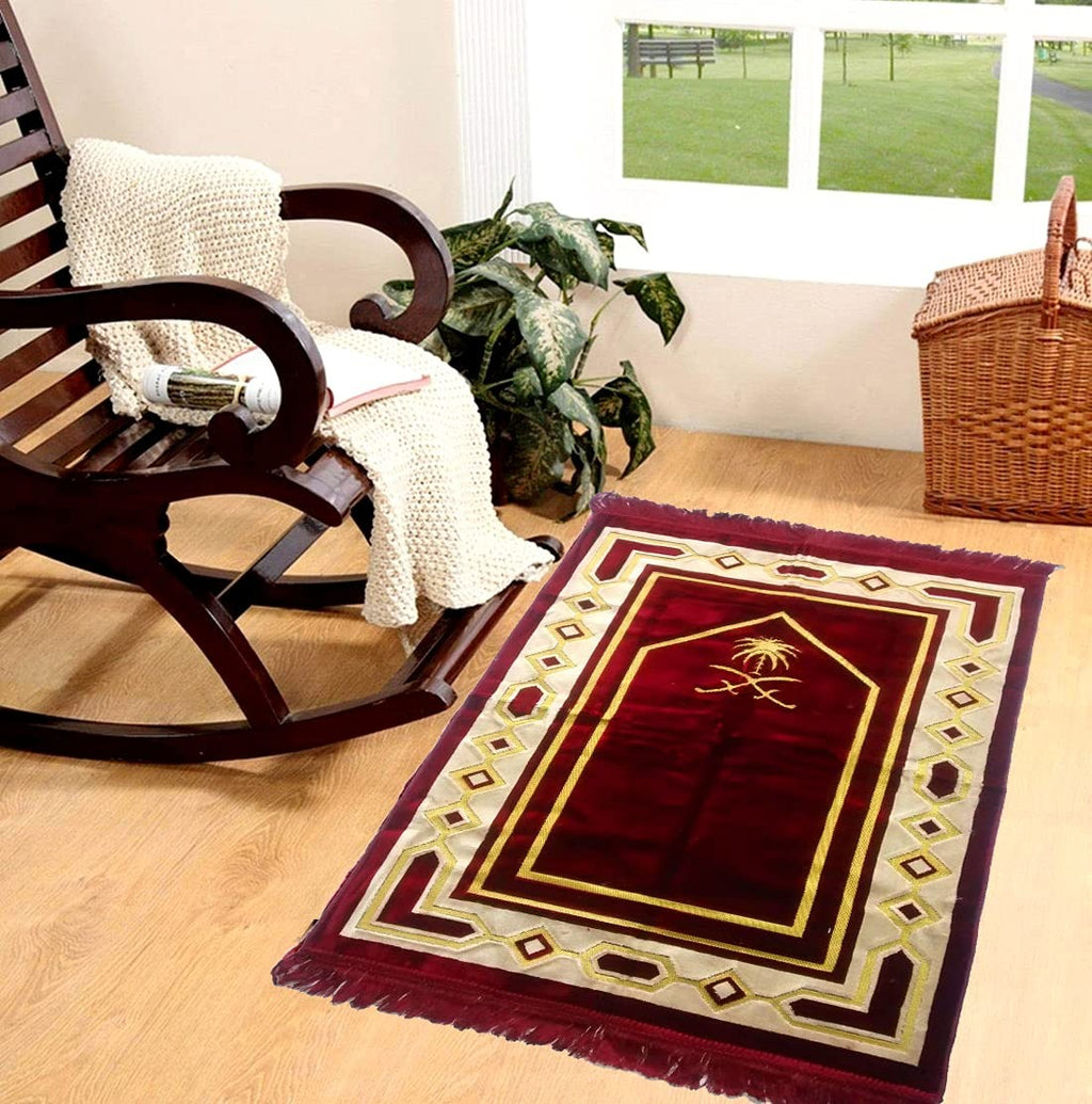 Weavers Villa Prayer Mat/Aasan/Meditation Mat - Velvet Mat for Pooja, Meditation, Namaz - Maroon 70cm X 110cm - Perfect Aasan for Puja/Prayer - Floor Mat for Sitting, Multipurpose Rug