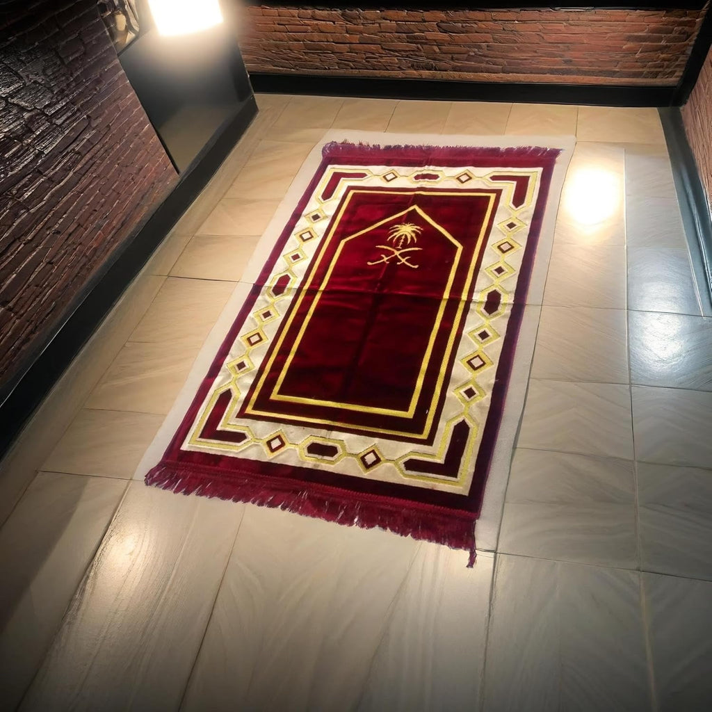 Weavers Villa Prayer Mat/Aasan/Meditation Mat - Velvet Mat for Pooja, Meditation, Namaz - Maroon 70cm X 110cm - Perfect Aasan for Puja/Prayer - Floor Mat for Sitting, Multipurpose Rug