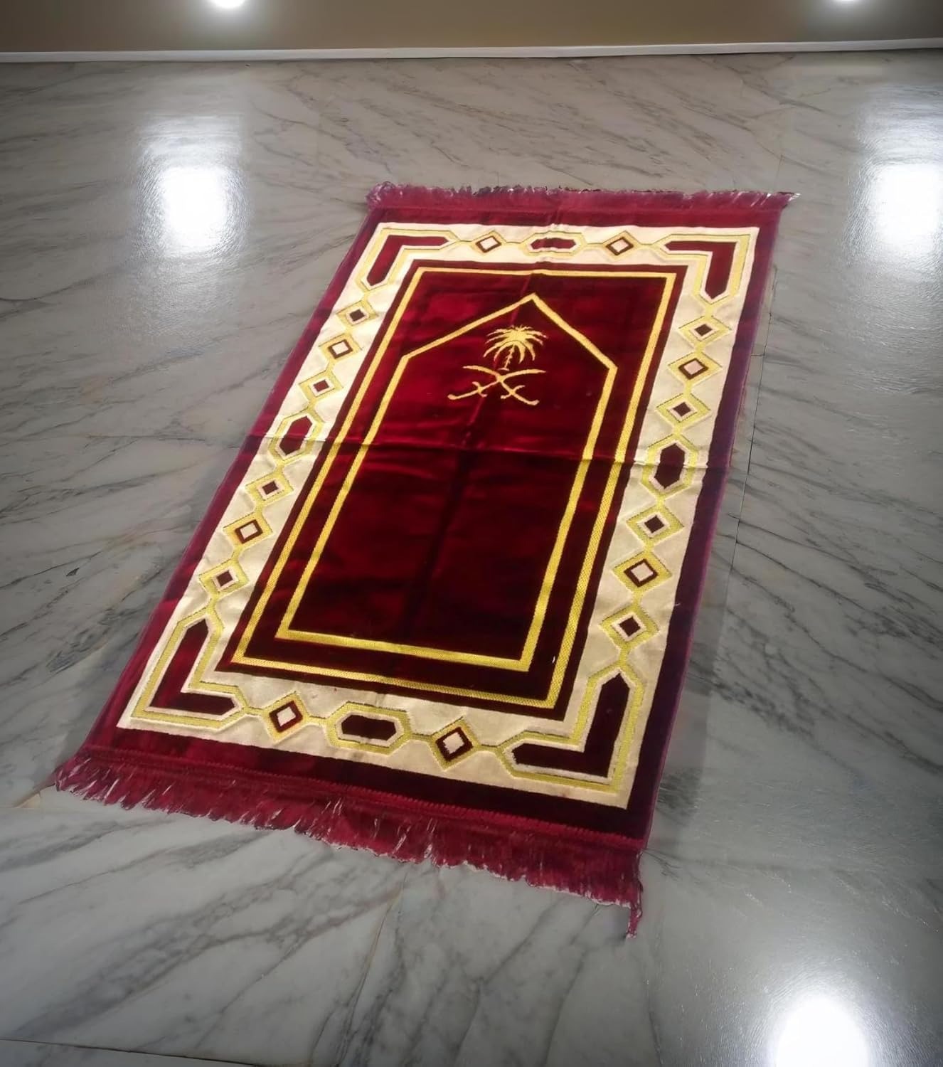 Weavers Villa Prayer Mat/Aasan/Meditation Mat - Velvet Mat for Pooja, Meditation, Namaz - Maroon 70cm X 110cm - Perfect Aasan for Puja/Prayer - Floor Mat for Sitting, Multipurpose Rug