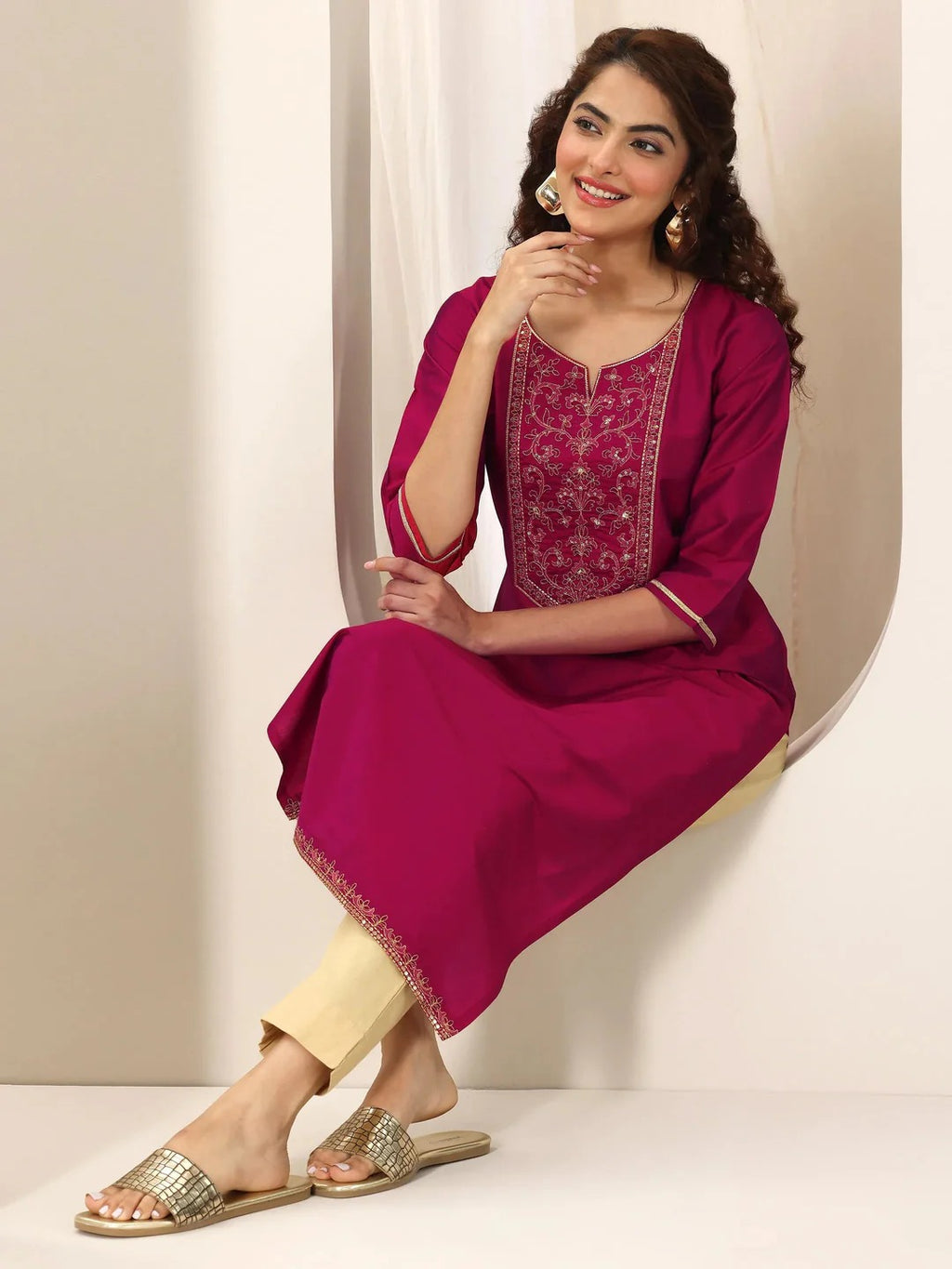 Maroon Embroidered Silk Straight Kurta
