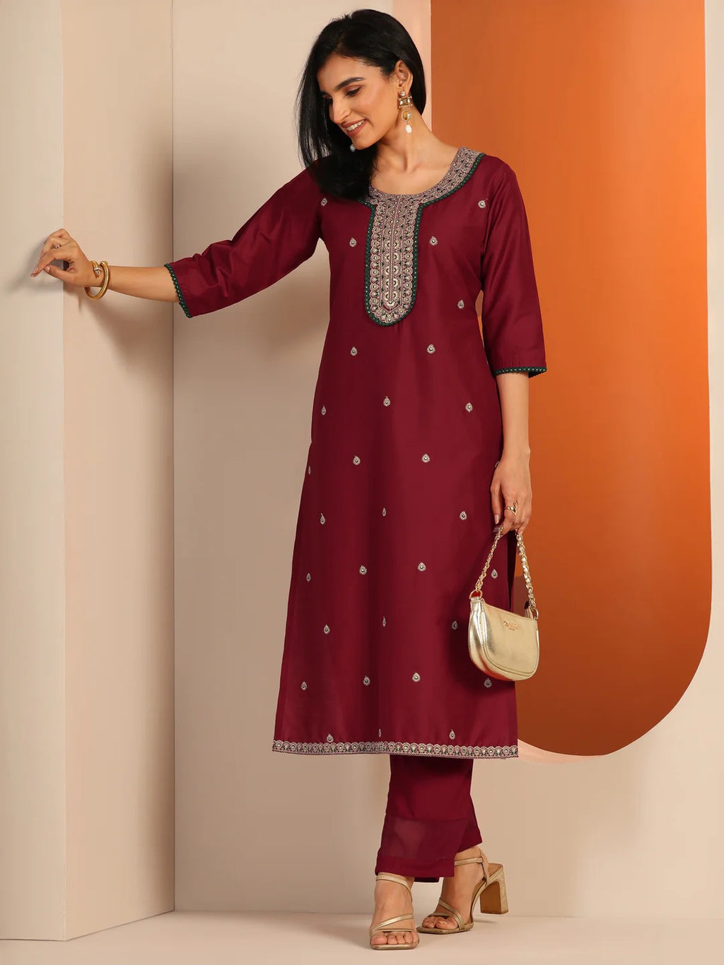 Maroon Embroidered Silk Straight Kurta