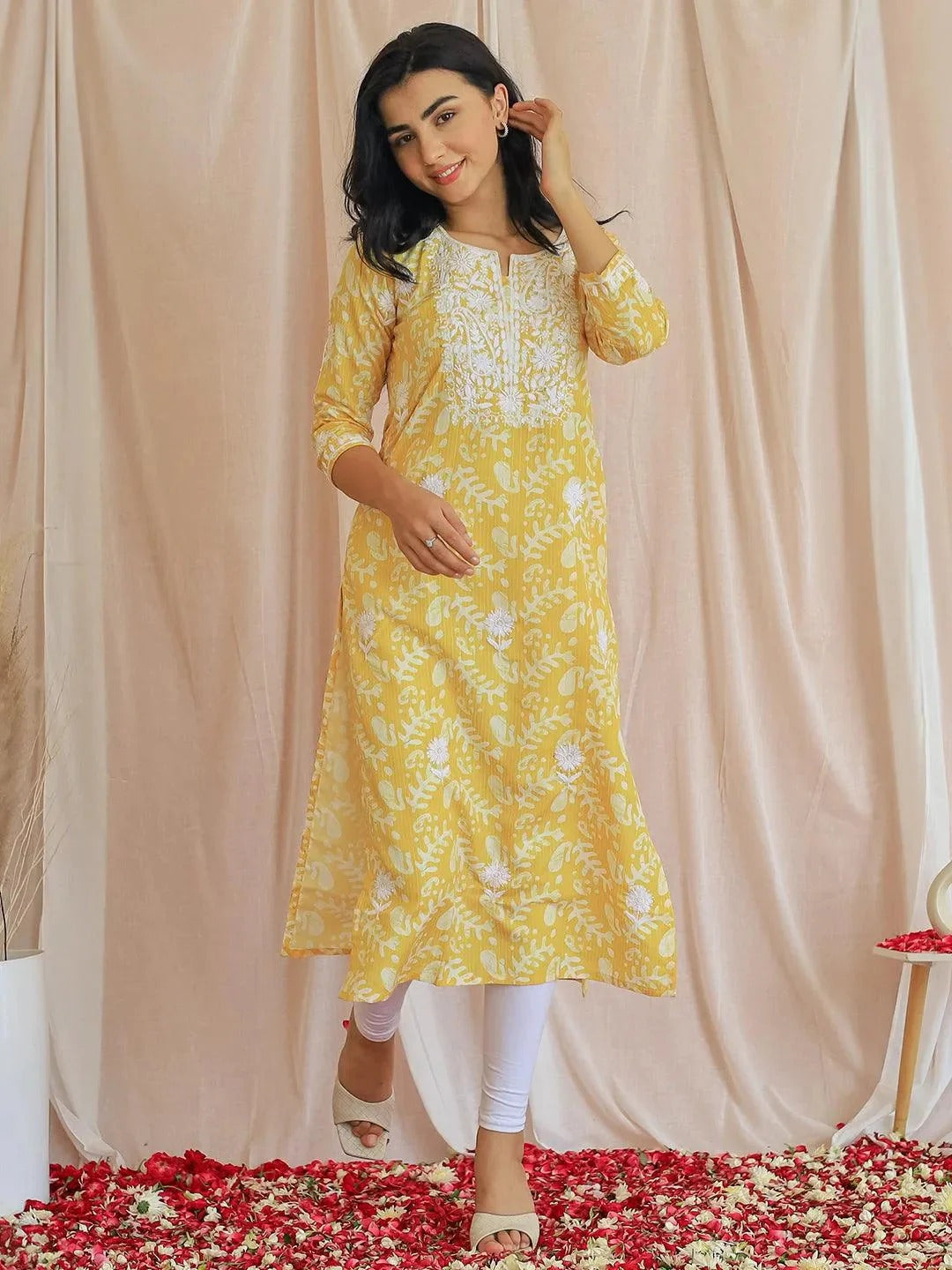 Yellow Cotton Printed Kurta with White Embroidery – Women’s Ethnic Wear