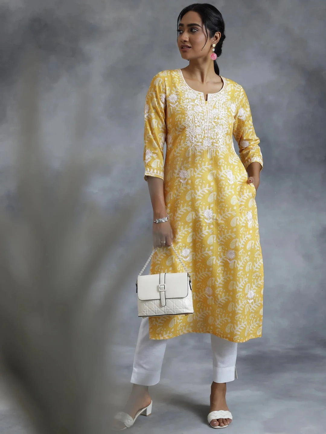 Yellow Cotton Printed Kurta with White Embroidery – Women’s Ethnic Wear