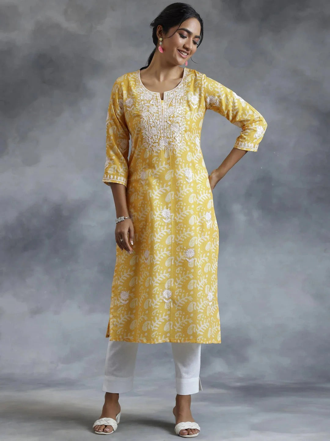 Yellow Cotton Printed Kurta with White Embroidery – Women’s Ethnic Wear
